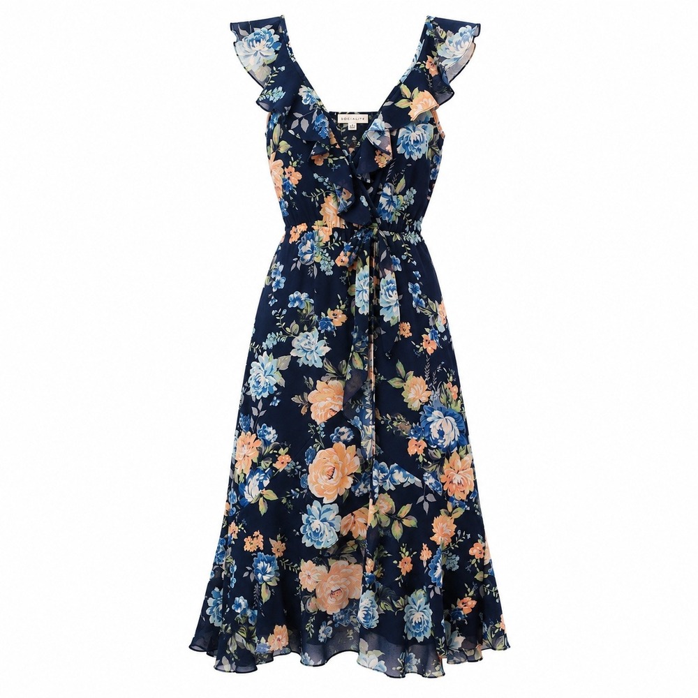 Socialite Floral Midi Dress Womens Small Navy Blue Ruffle V-Neck High Low Romanc